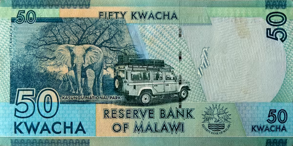 Cédula de dinheiro onde se lê 50 kwacha, Reserve Bank Of Malawi. No desenho, uma árvore seca, dois elefantes e um veículo de safari.